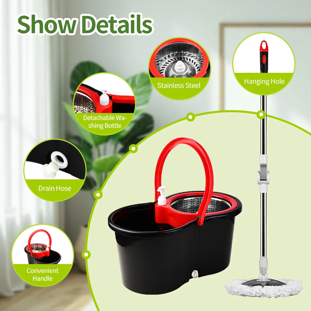 Mop Bucket Set 360° Dual-Motion Spin Mop System 3 Split-Yarn Mop Heads Self Cleaning Bucket