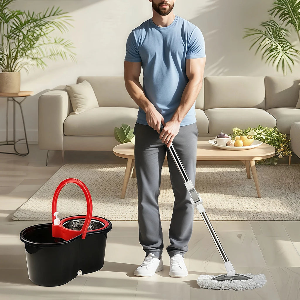 Mop Bucket Set 360° Dual-Motion Spin Mop System 3 Split-Yarn Mop Heads Self Cleaning Bucket
