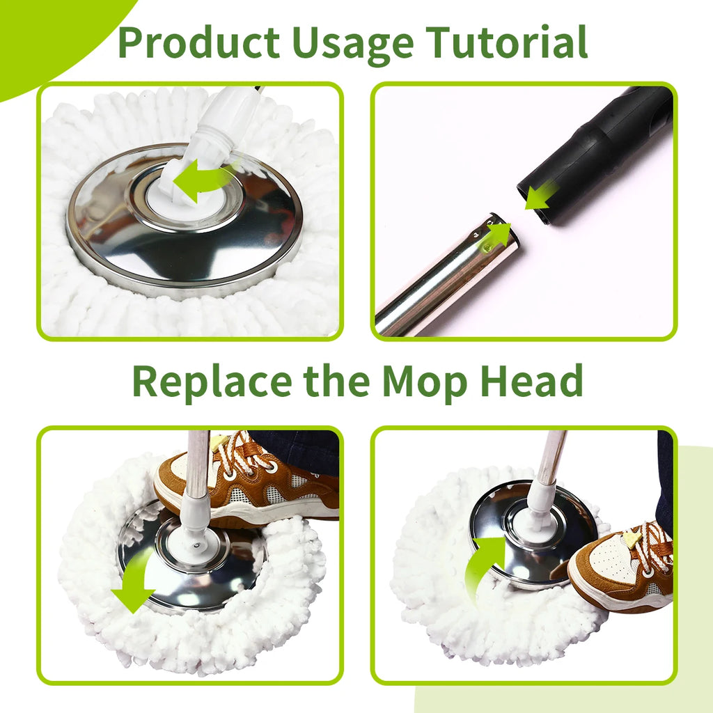 Mop Bucket Set 360° Dual-Motion Spin Mop System 3 Split-Yarn Mop Heads Self Cleaning Bucket